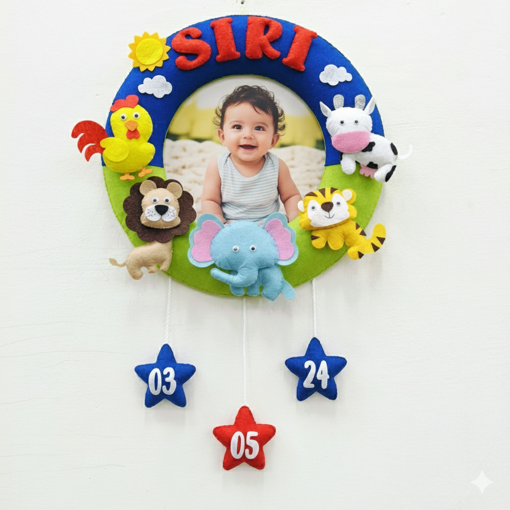 Farm and Wild Animals Hanging with Photograph | Personalised Felt Kids Room Decor