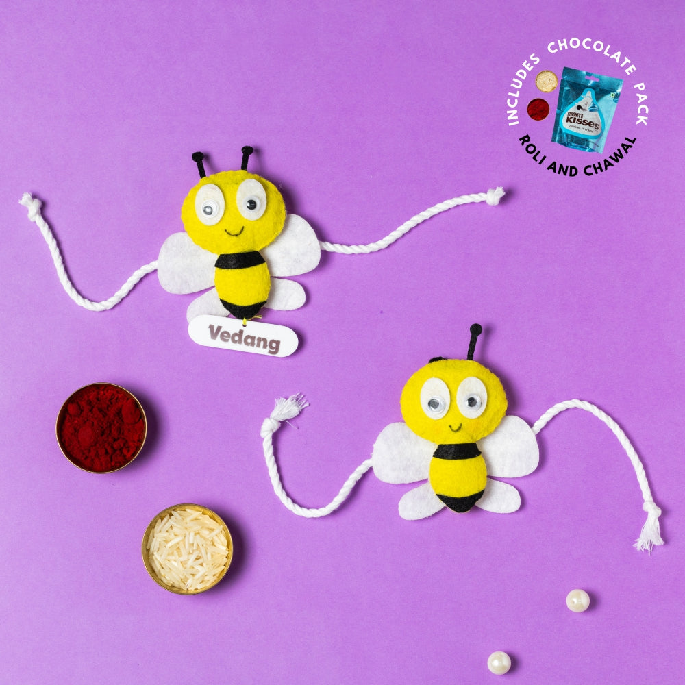 HoneyBee Rakhi Combo with Chocolates, Roli and Chawal | Personalised Kids Rakhi