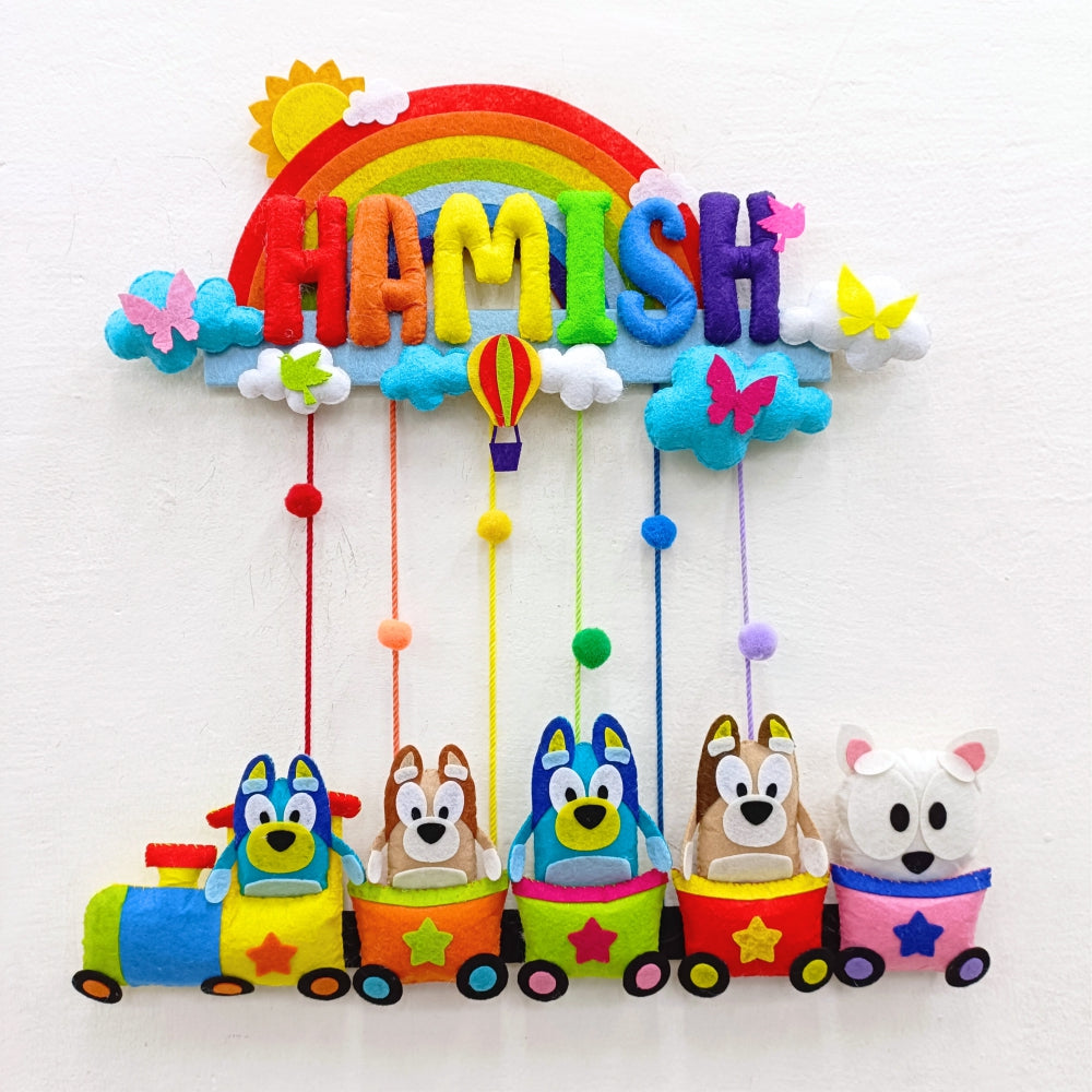 Rainbow Bluey Train | Personalised Felt Kids Hanging