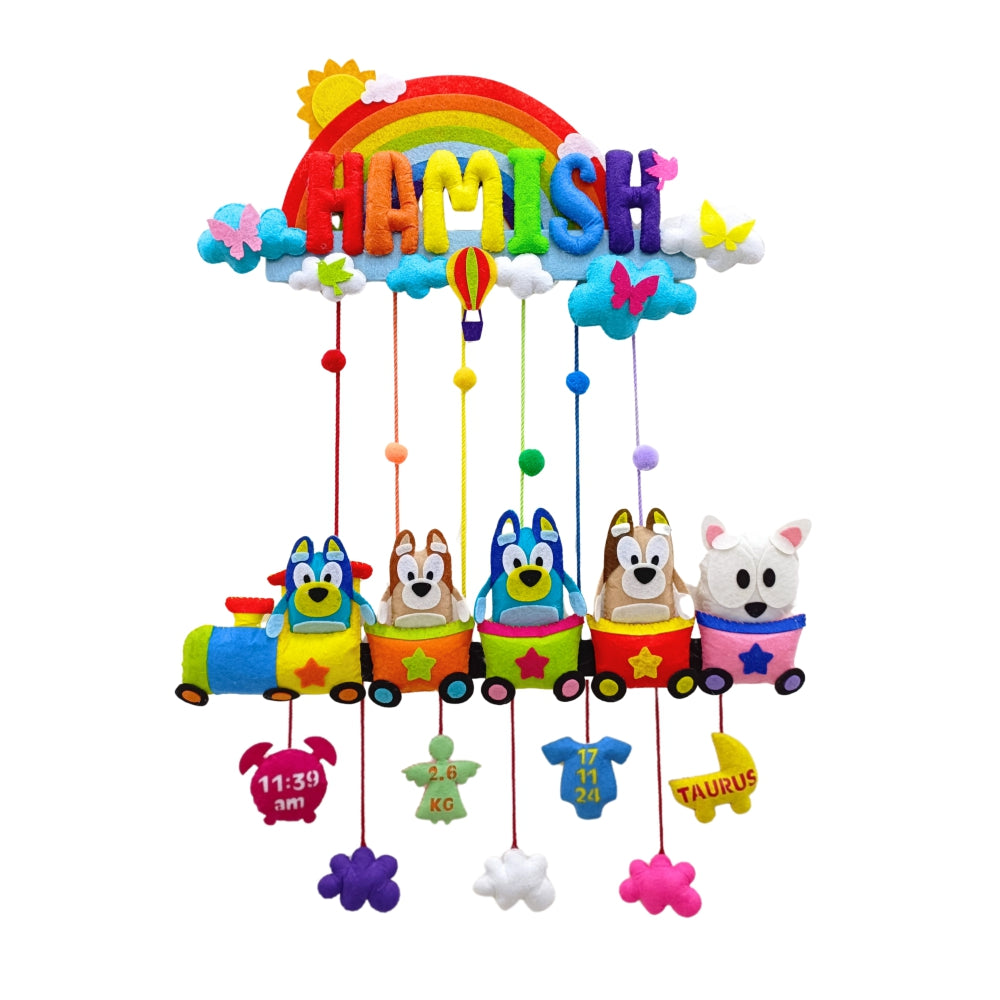 Rainbow Bluey Train | Personalised Felt Kids Hanging