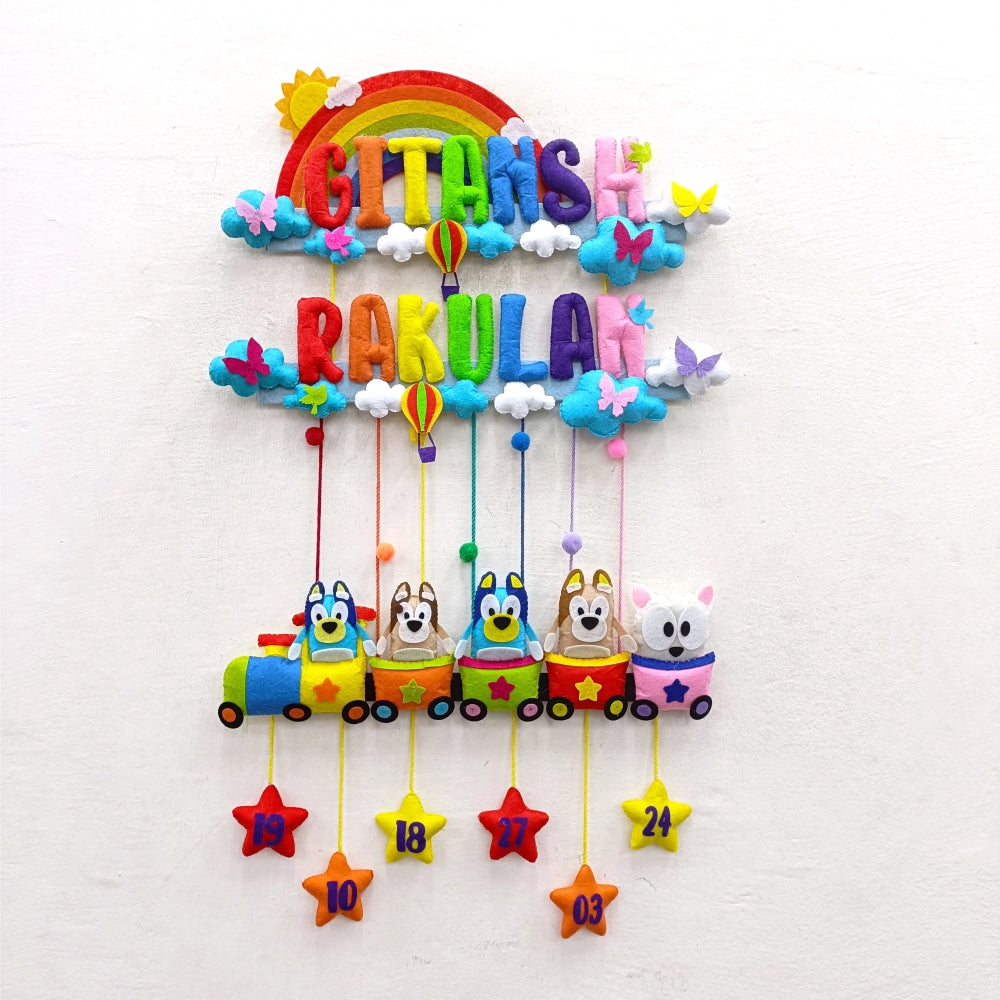 Rainbow Bluey Train | Personalised Felt Kids Hanging
