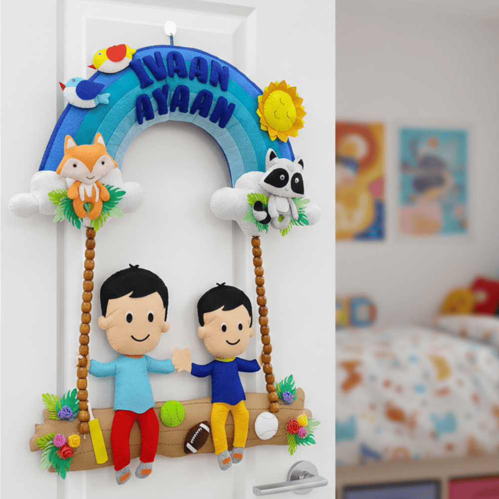 Brothers on Swing with Rainbow | Personalised Felt Hanging | Siblings | Boys