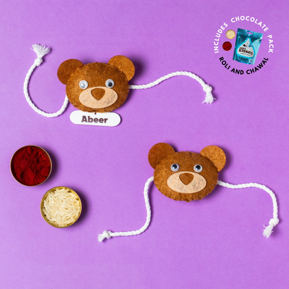 Teddy Rakhi Brown Combo with Chocolates, Roli and Chawal | Personalised Kids Rakhi