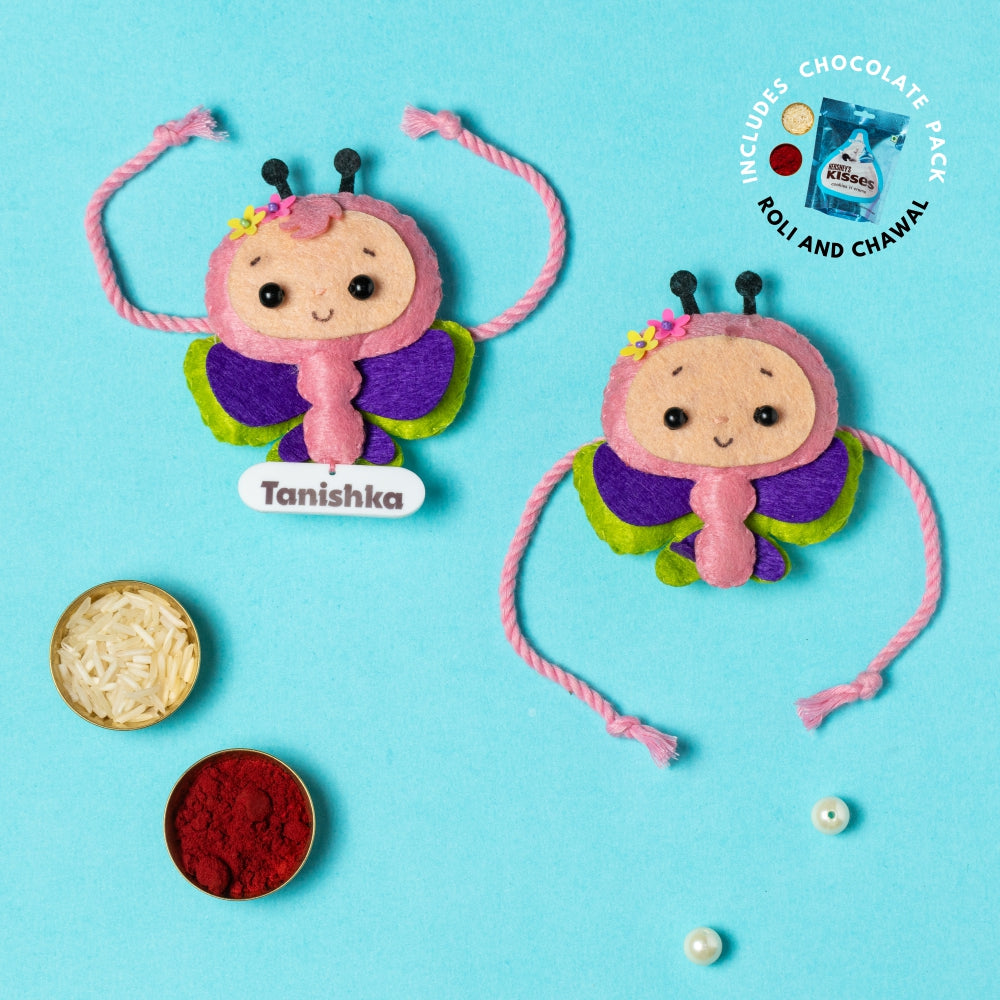 Butterfly Rakhi Combo with Chocolates, Roli and Chawal | Personalised Kids Rakhi