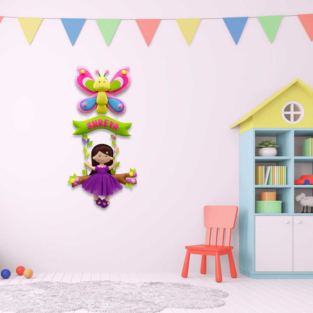 Butterfly with Doll on Swing | Personalised Felt Kids Hanging