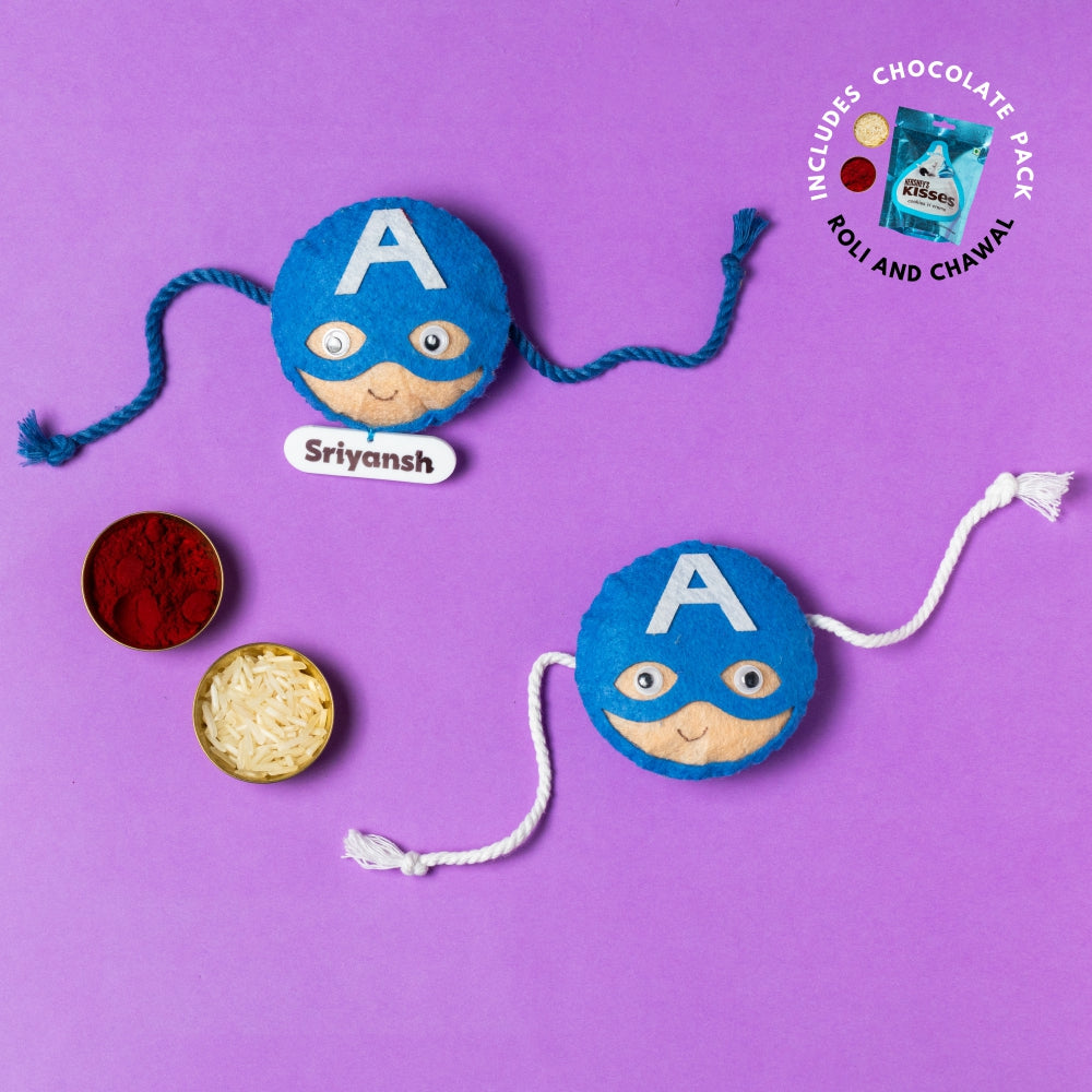 Captain America Rakhi Combo with Chocolates, Roli and Chawal | Personalised Kids Rakhi