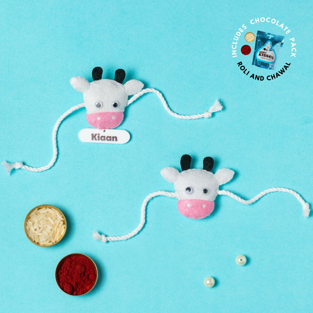 Cow Rakhi Combo with Chocolates, Roli and Chawal | Personalised Kids Rakhi