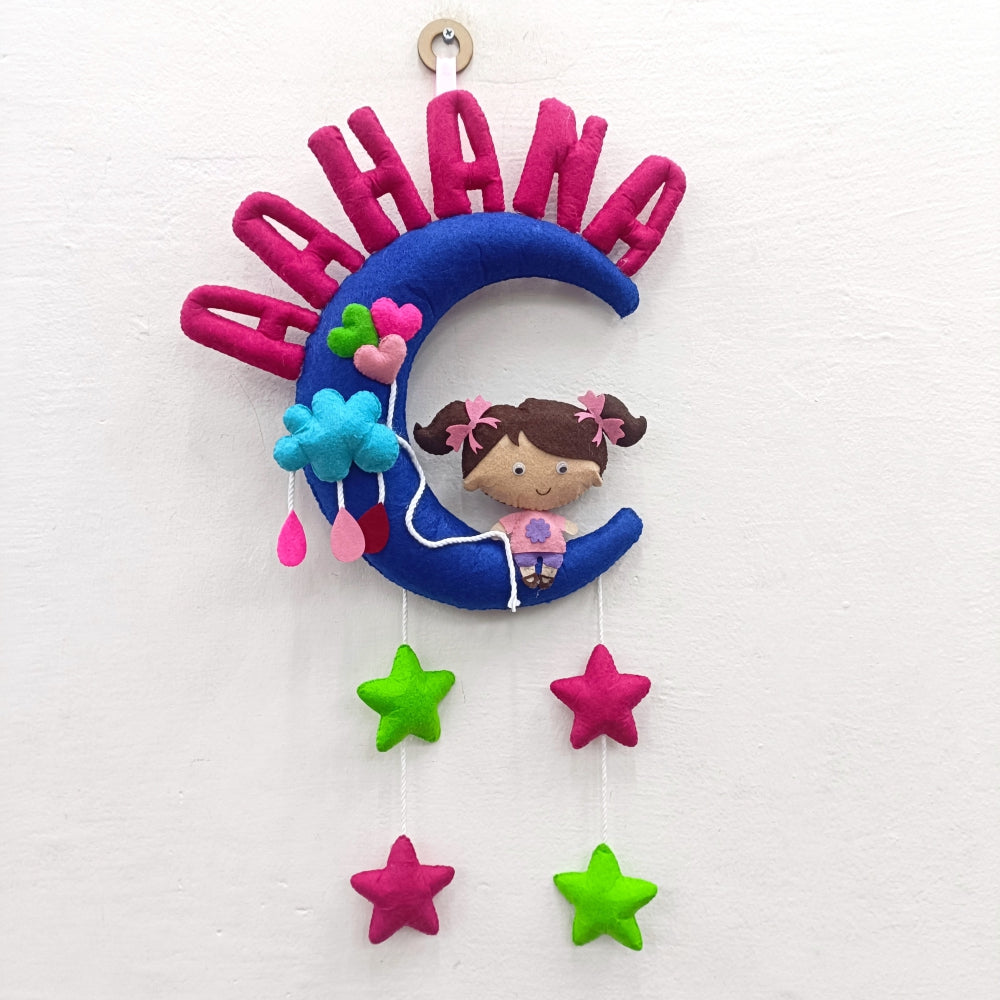 Cute Girl On Moon | Personalised Felt Kids Hanging