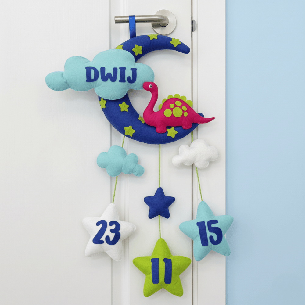 Dinosaur with Moon and Cloud | Personalised Felt Kids Hanging
