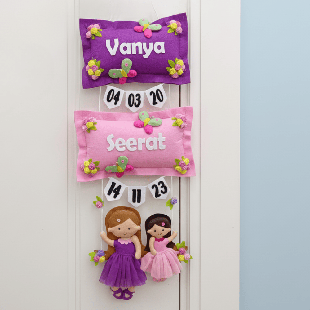 Dolls on Swing | Personalised Felt Kids Hanging for Siblings | Two Siblings