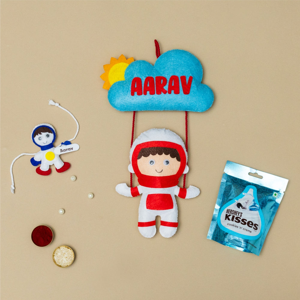 Astronaut Hanging with Personalised Rakhi, Chocolates,Roli and Chawal | Rakhi Hamper