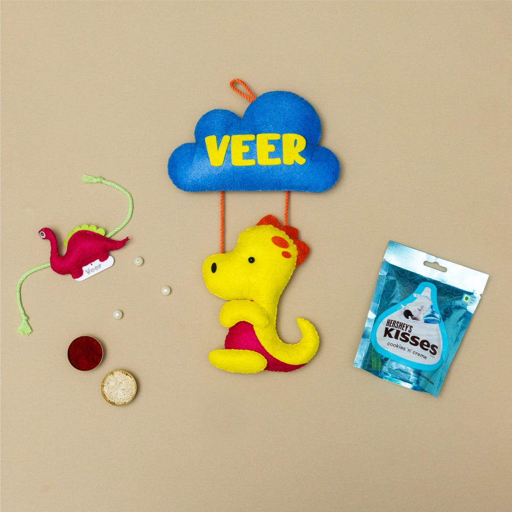 Dino Hanging with Personalised Rakhi, Chocolates, Roli and Chawal | Rakhi Hamper