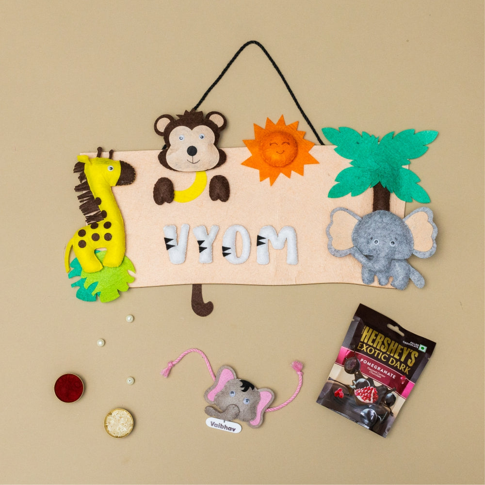 Jungle Hanging with Personalised Rakhi, Chocolates,Roli and Chawal | Rakhi Hamper