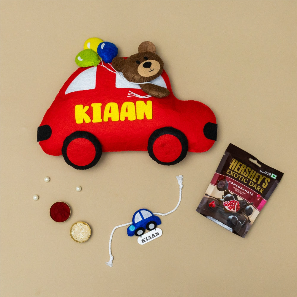 Car Hanging with Personalised Rakhi, Chocolates, Roli and Chawal | Rakhi Hamper