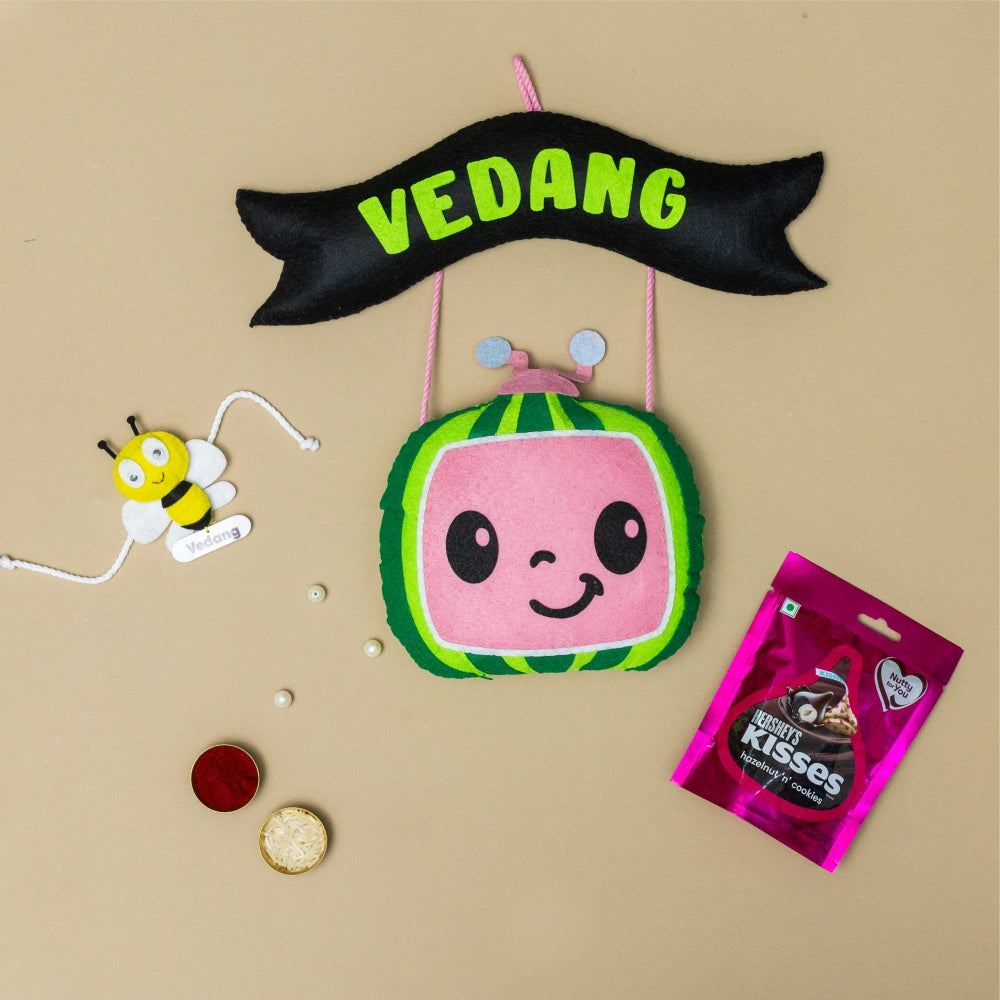Cocomelon Hanging with Personalised Rakhi, Chocolates, Roli and Chawal | Rakhi Hamper