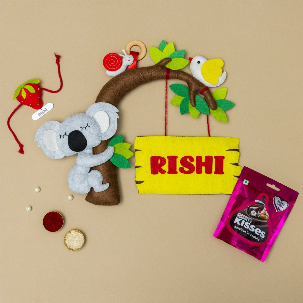 Koala Hanging with Personalised Rakhi, Chocolates, Roli and Chawal | Rakhi Hamper