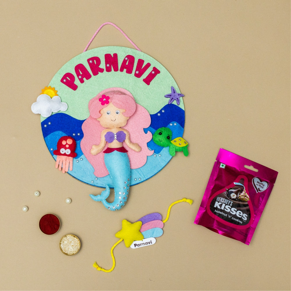 Mermaid Hanging with Personalised Rakhi, Chocolates, Roli and Chawal | Rakhi Hamper