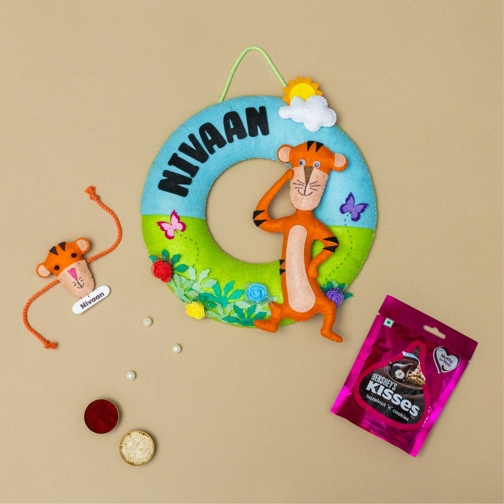 Tiger Hanging with Personalised Rakhi, Chocolates, Roli and Chawal | Rakhi Hamper