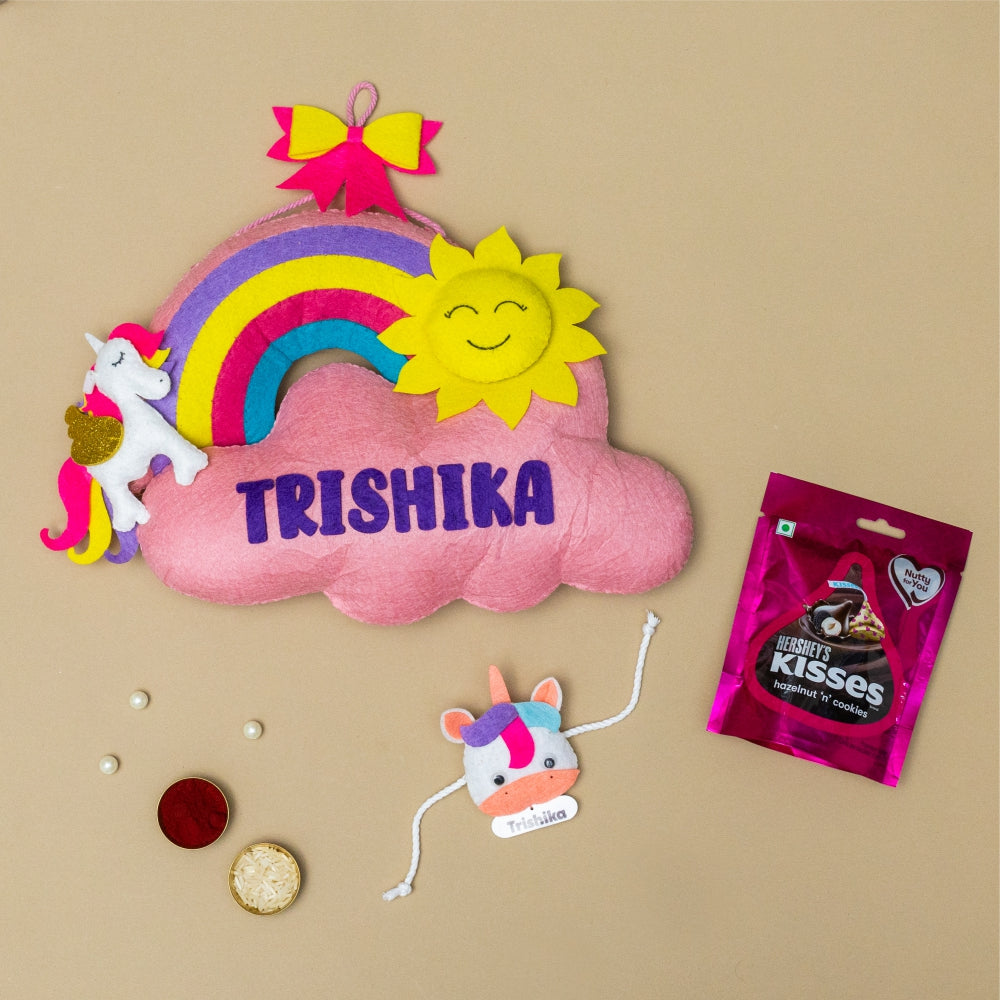 Unicorn Hanging with Personalised Rakhi, Chocolates, Roli and Chawal | Rakhi Hamper