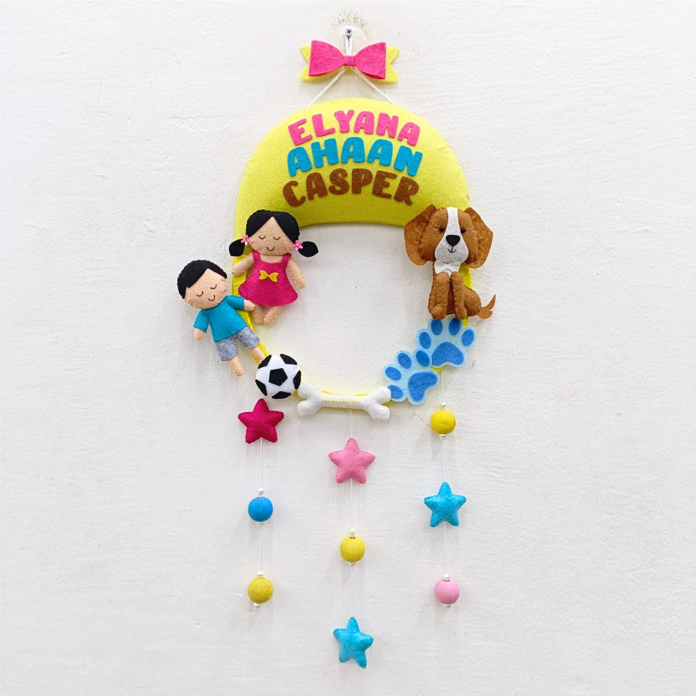 Girl Boy and Pet Dog | Personalised Felt Siblings Hanging