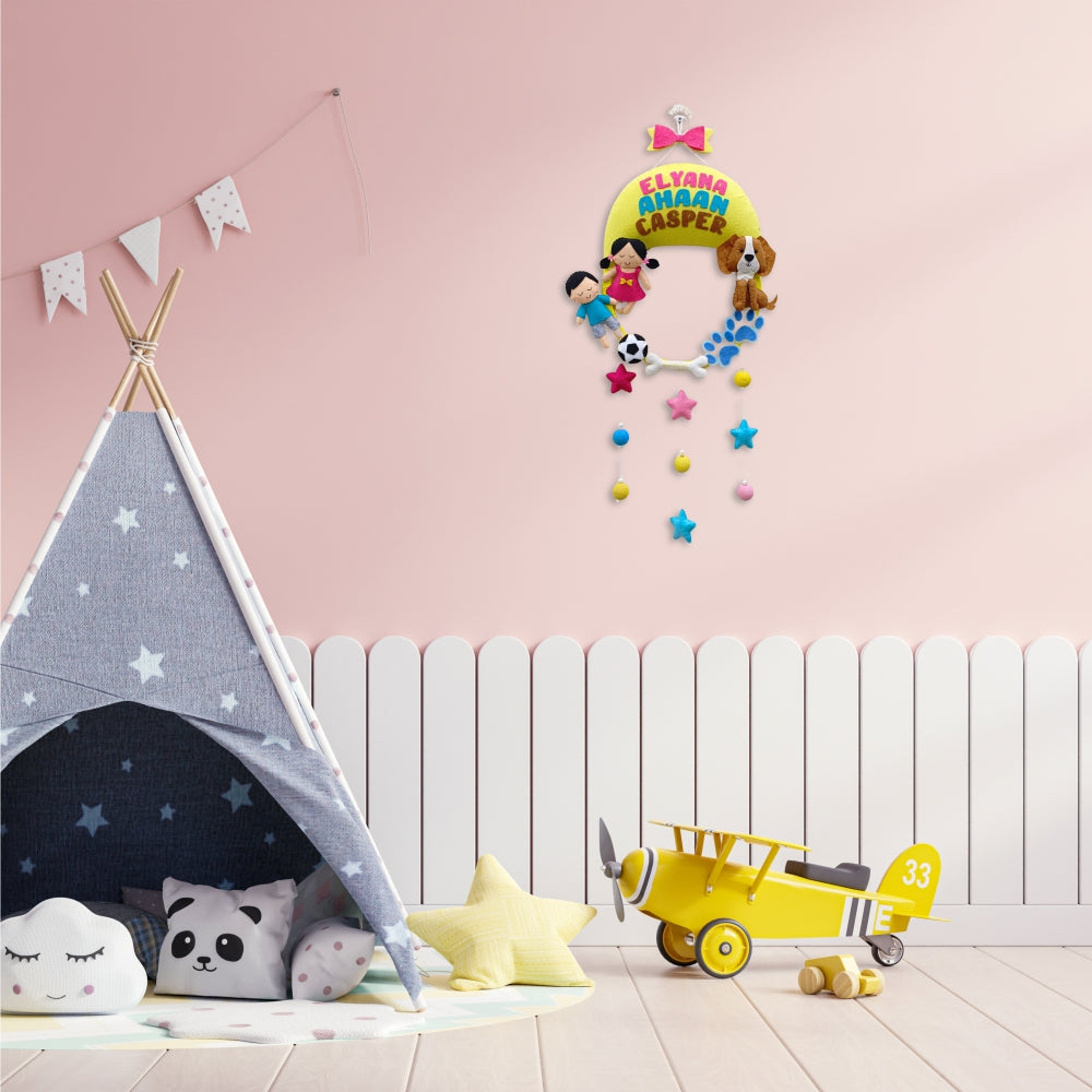 Girl Boy and Pet Dog | Personalised Felt Siblings Hanging