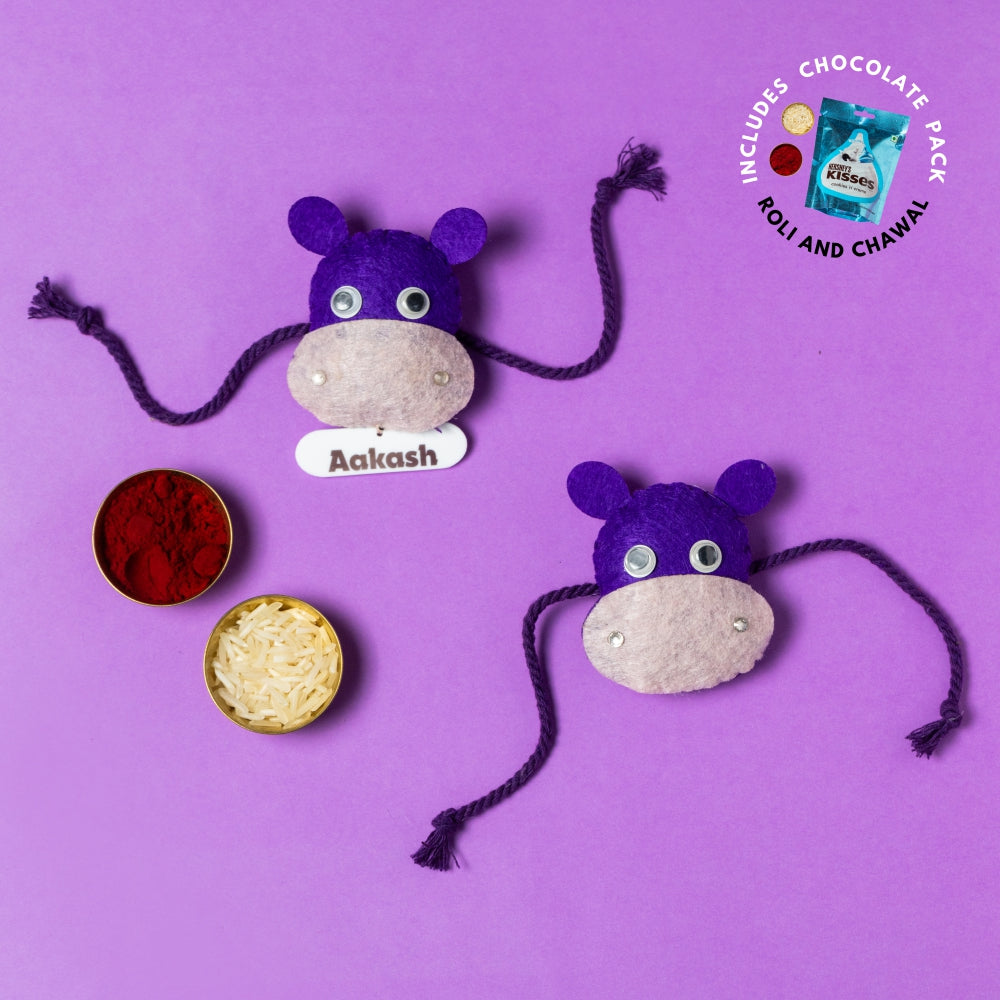 Hippo Rakhi Combo with Chocolates, Roli and Chawal | Personalised Kids Rakhi