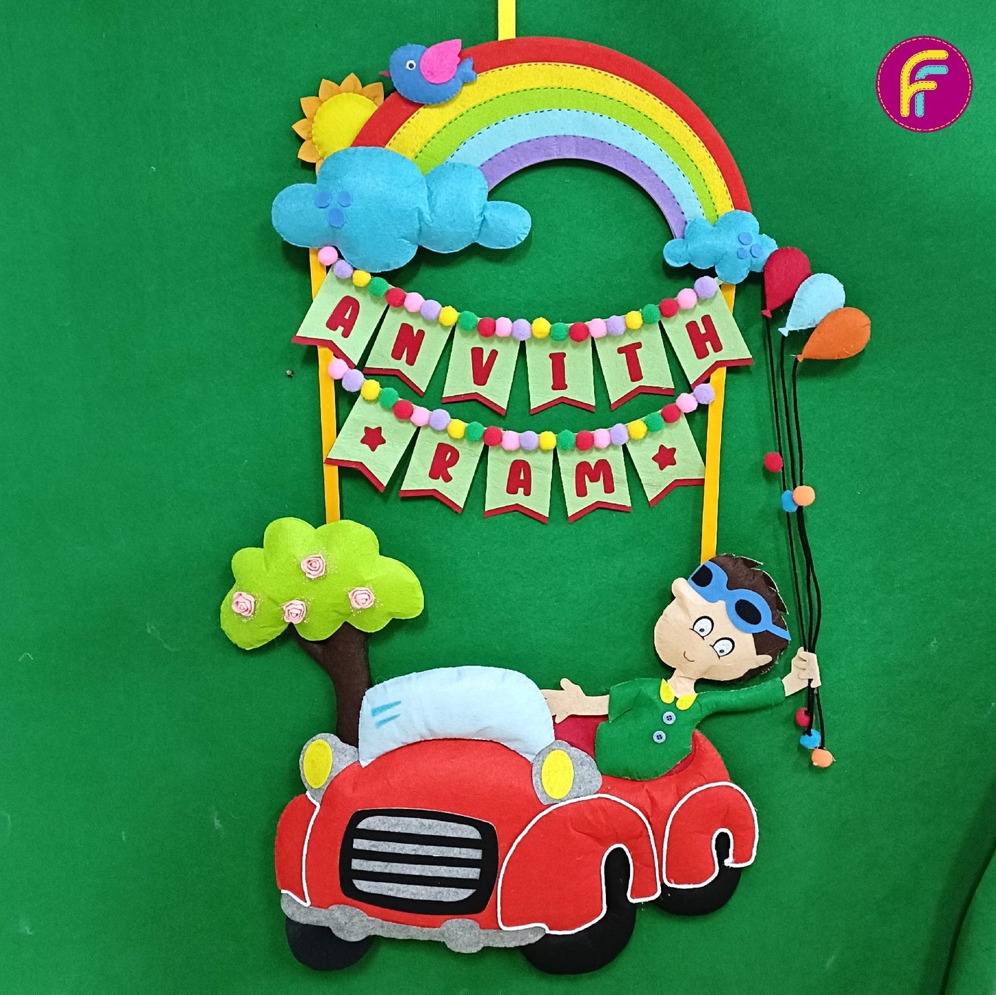 Boy in Car - Two Names | Personalised Felt Kids Hanging