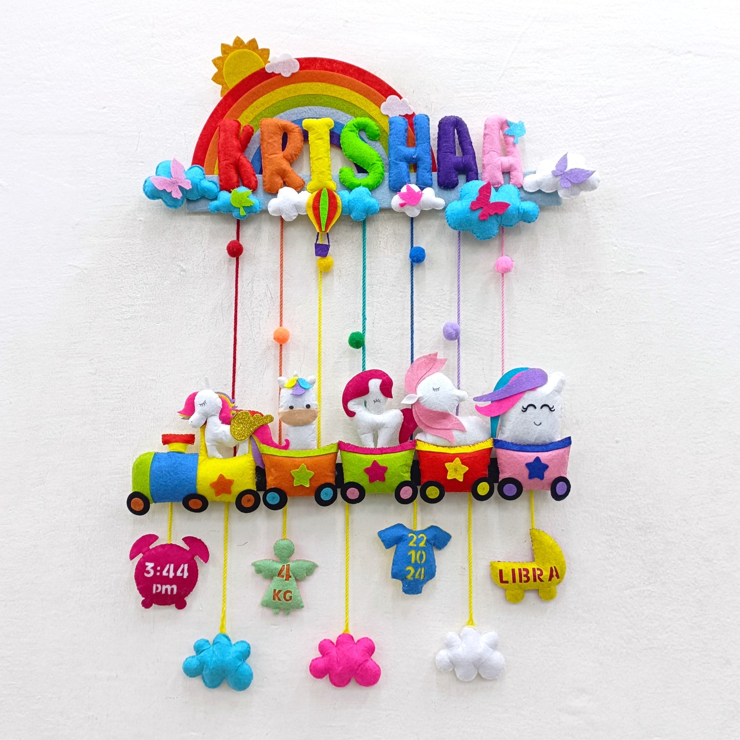 Rainbow Unicorn Train | Personalised Felt Kids Hanging