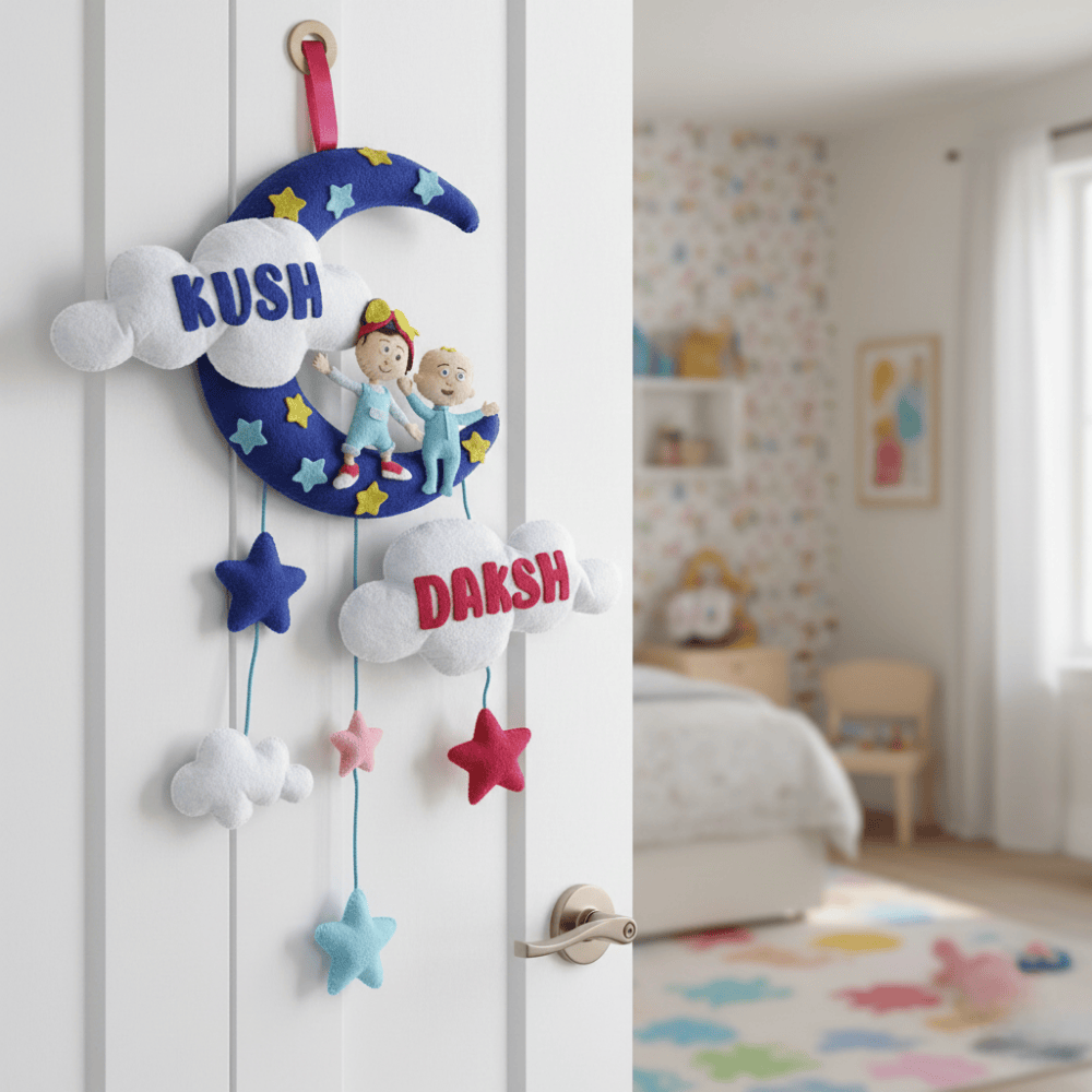 JJ & Tom With Moon and Clouds | Personalised Siblings Cocomelon Themed Felt Kids Hanging