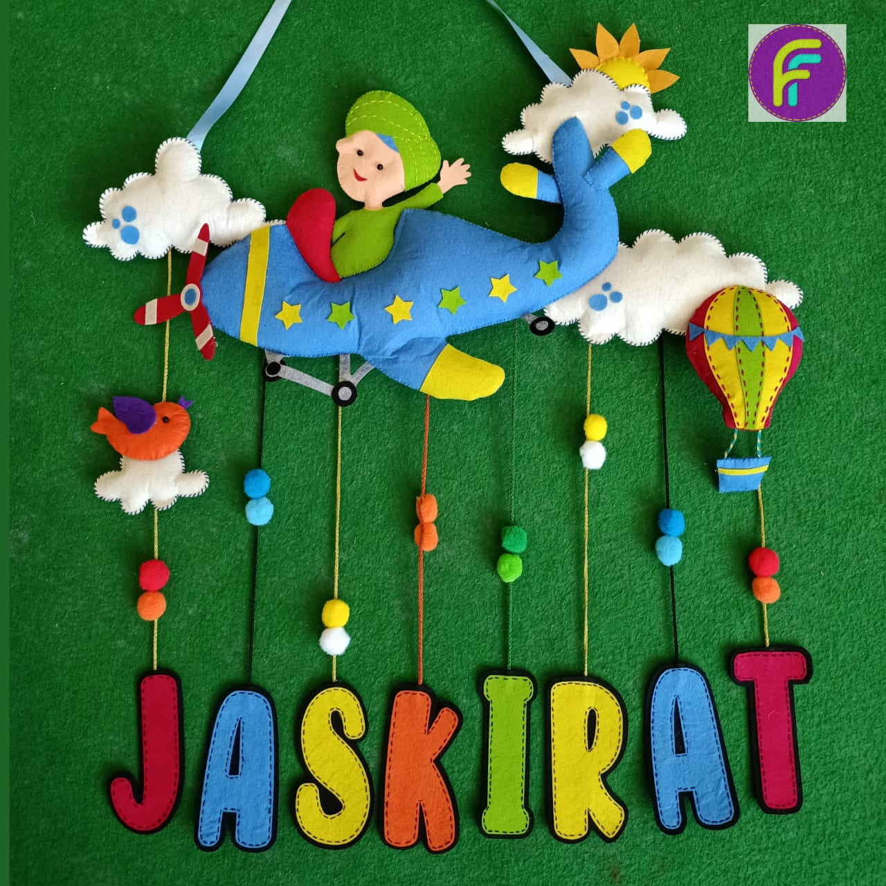 Kid Flying Plane Personalised Felt Hanging
