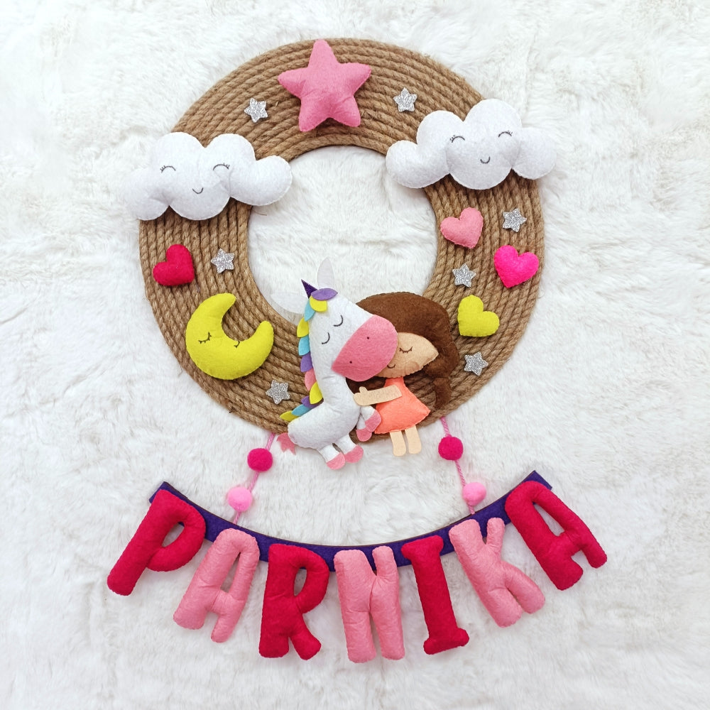Unicorn with Doll Jute Hanging | Personalised Felt Kids Hanging