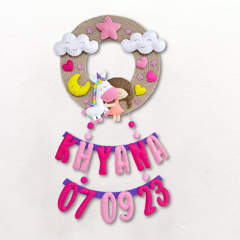 Unicorn with Doll Jute Hanging | Personalised Felt Kids Hanging