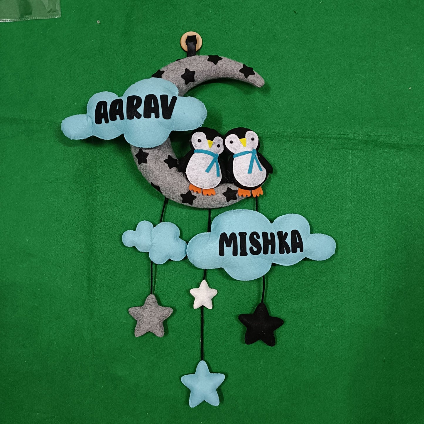 Penguin with Moon and Cloud | Personalised Felt Kids Hanging | Siblings