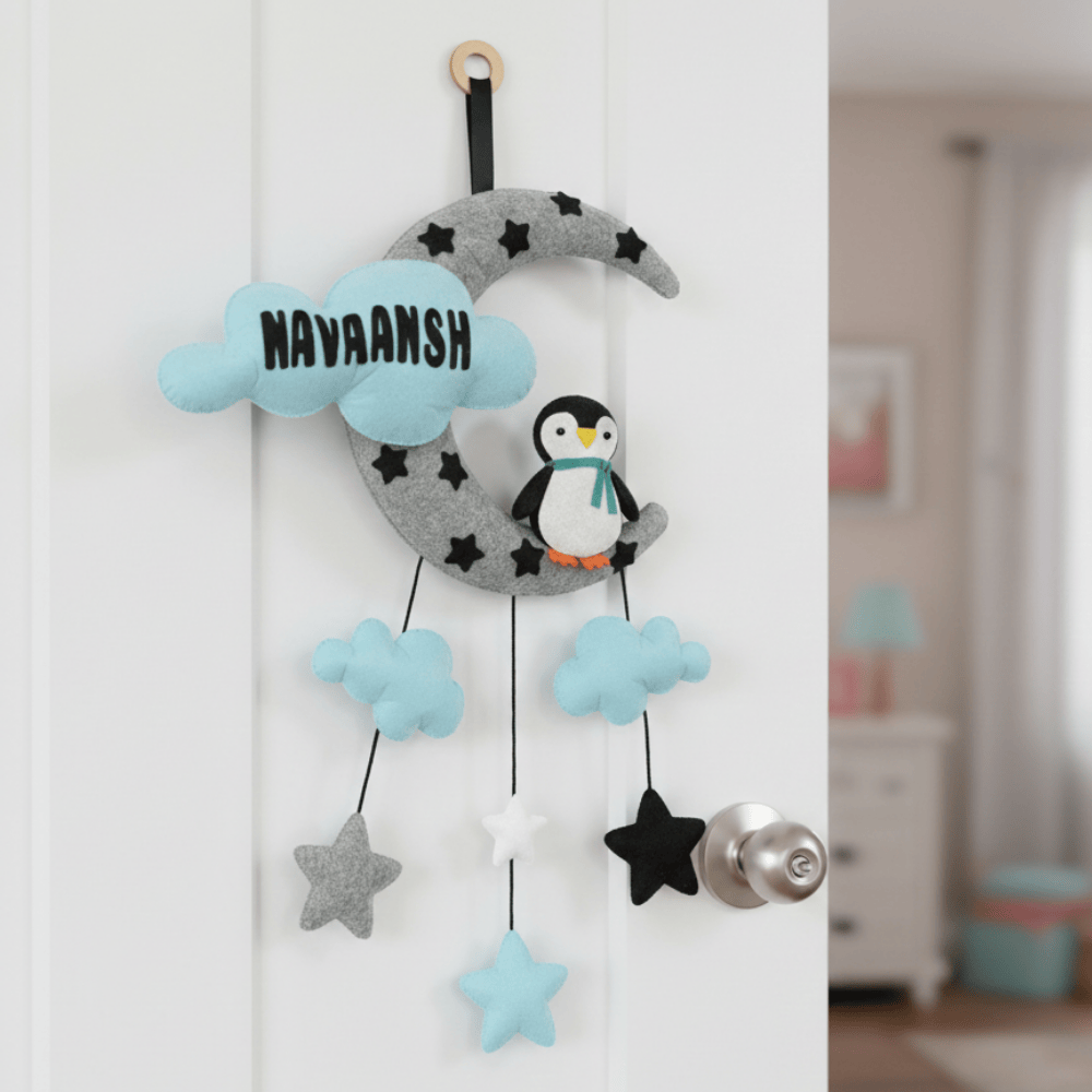 Penguin with Moon and Cloud | Personalised Felt Kids Hanging | Siblings