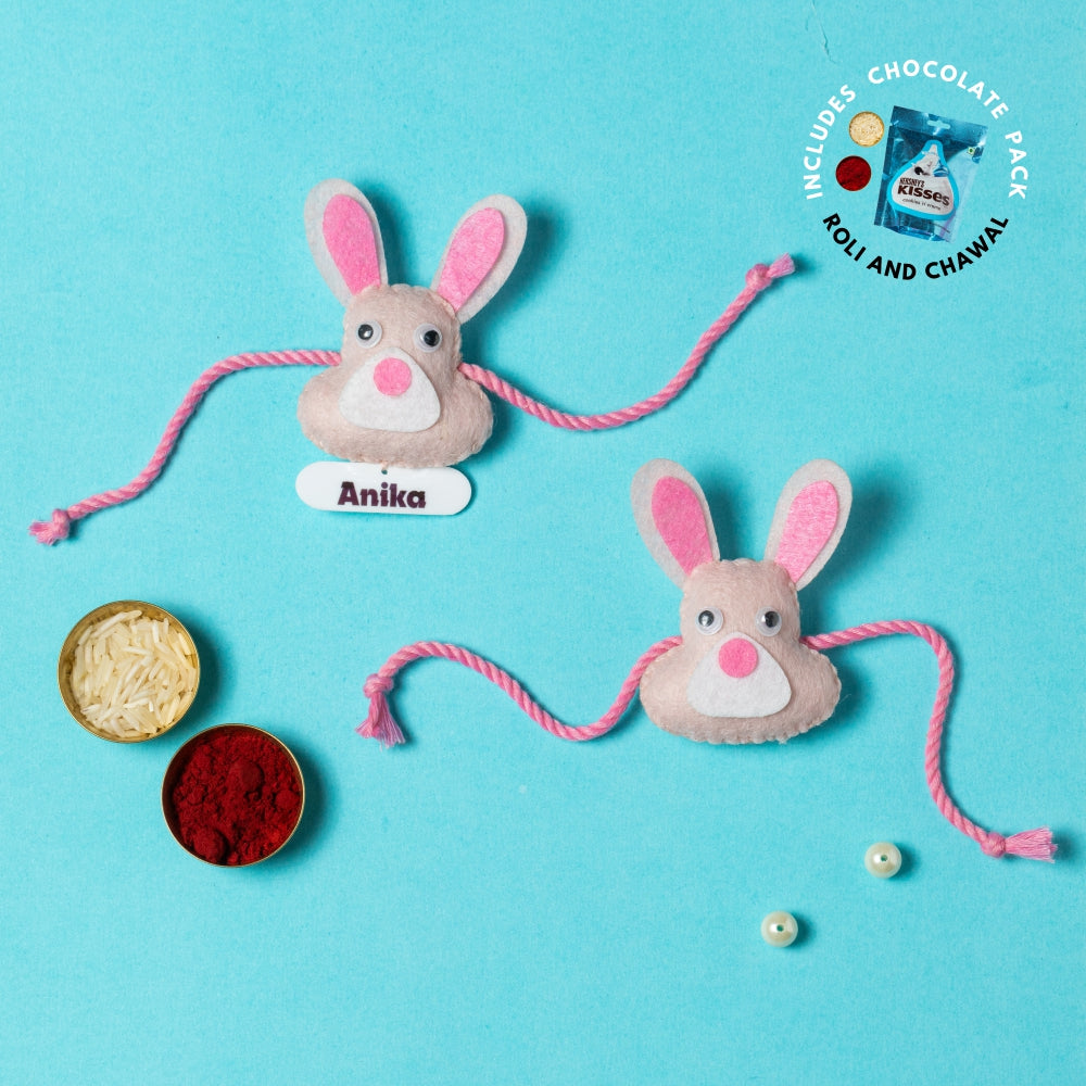 Cute Bunny Rakhi Combo with Chocolates, Roli and Chawal | Personalised Kids Rakhi