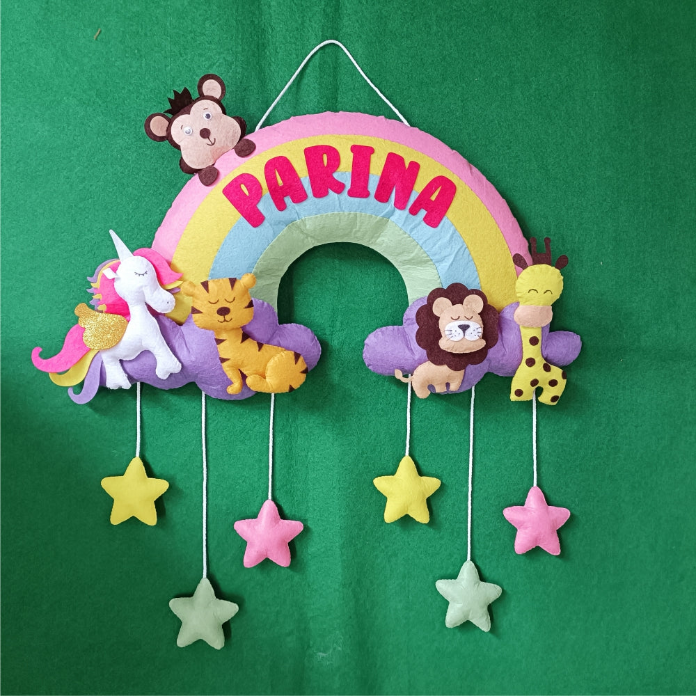 Rainbow with Animals | Flat Name | Personalised Felt Kids Hanging