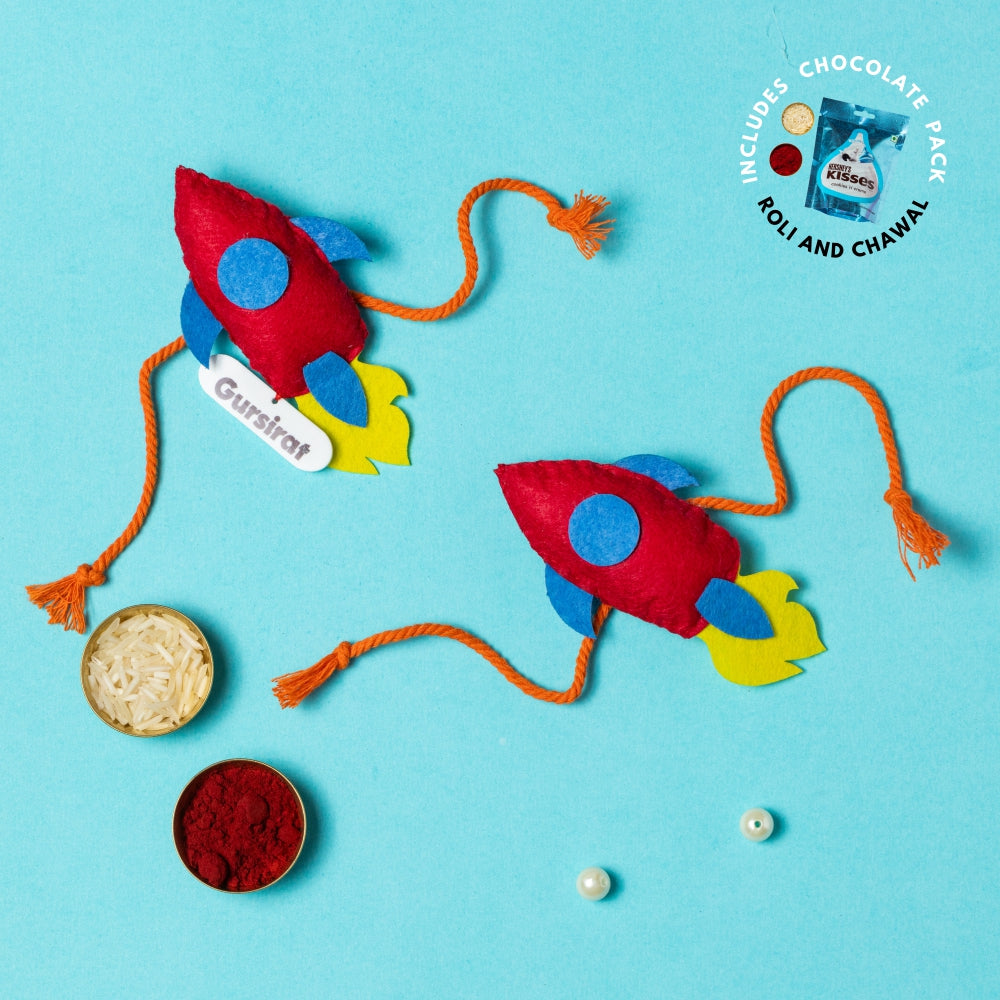 Spaceship Rakhi Combo with Chocolates, Roli and Chawal | Personalised Kids Rakhi