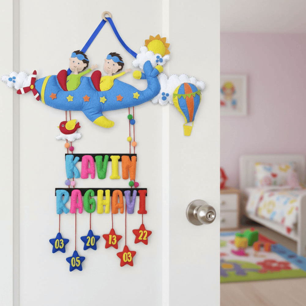 Siblings Flying Plane | Personalised Felt Kids Hanging