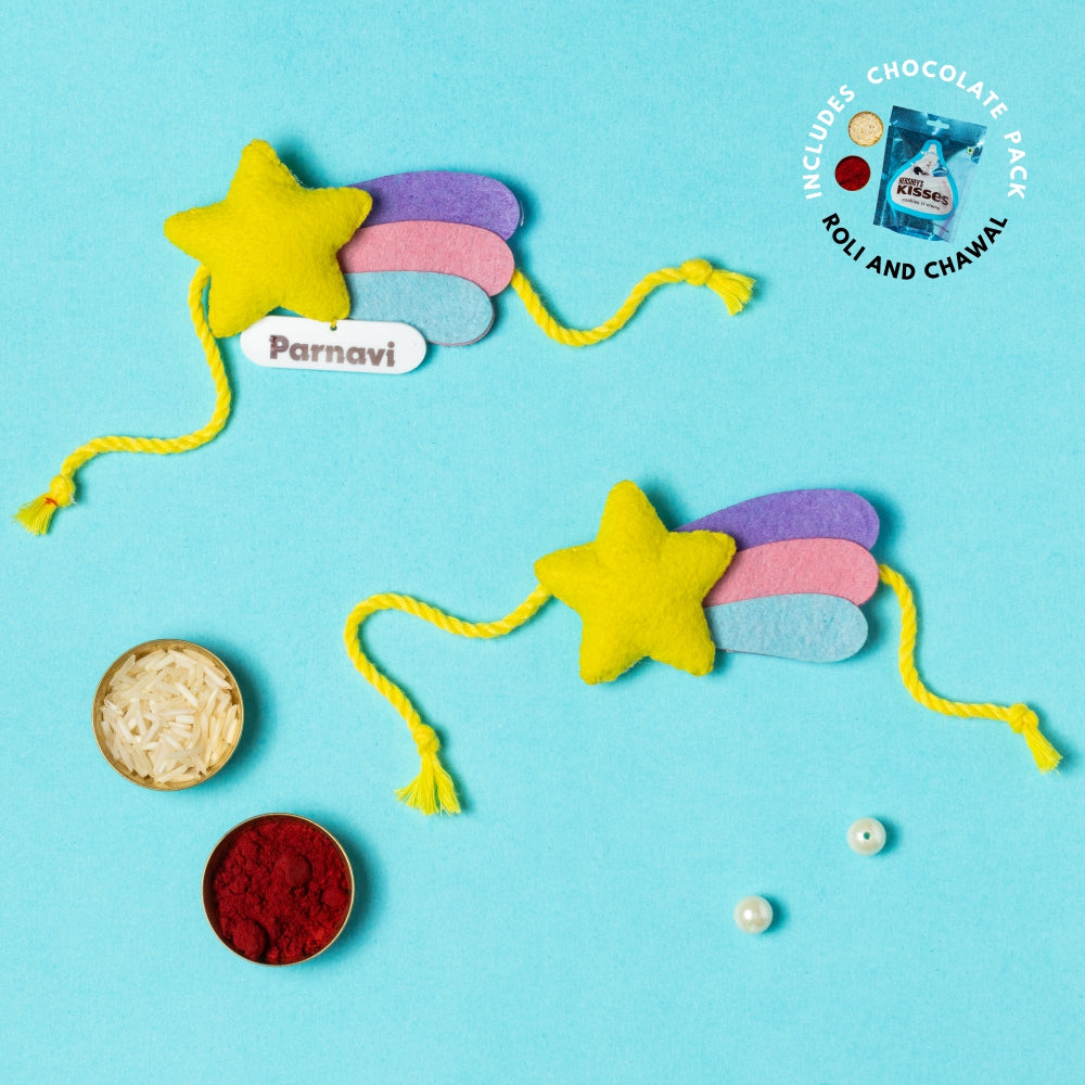 Miracle Star Rakhi Combo with Chocolates, Roli and Chawal | Personalised Kids Rakhi