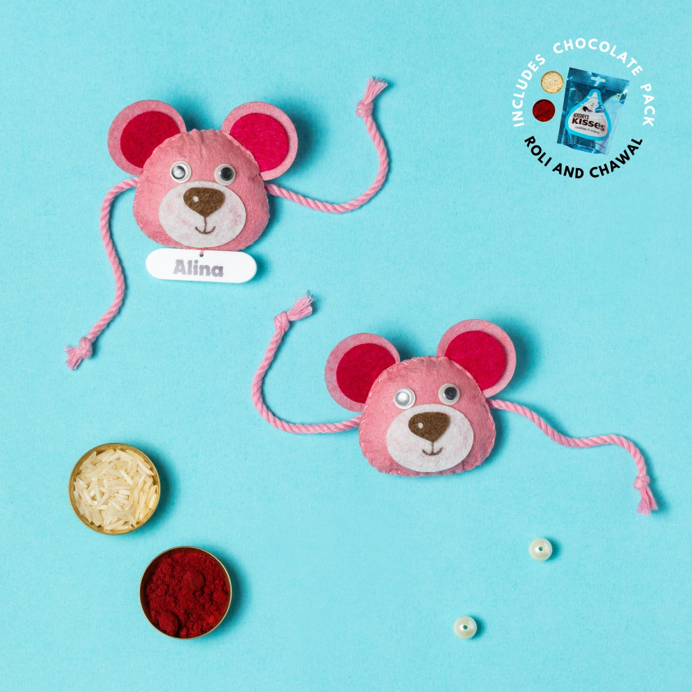 Pink Teddy Rakhi Combo with Chocolates, Roli and Chawal | Personalised Kids Rakhi
