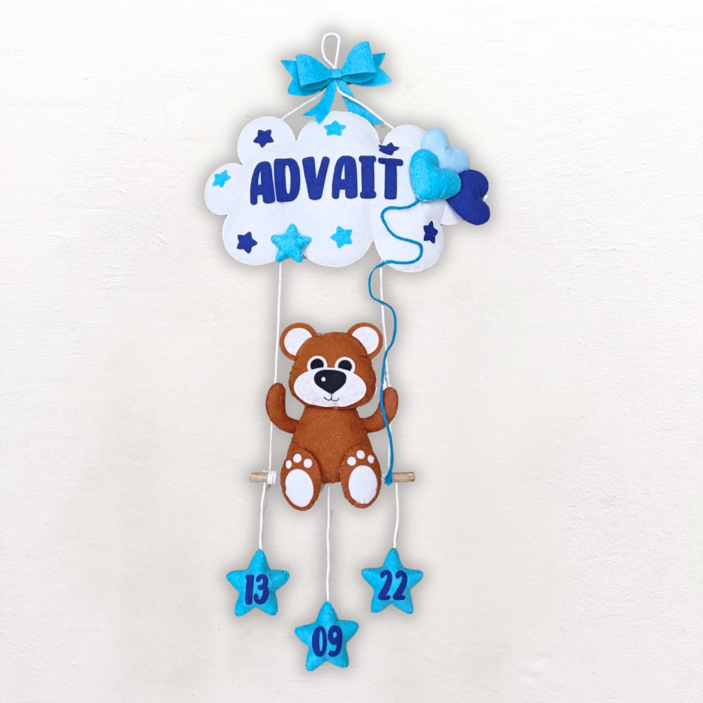 Teddy on Swing with Cloud | Personalised Felt Kids Hanging