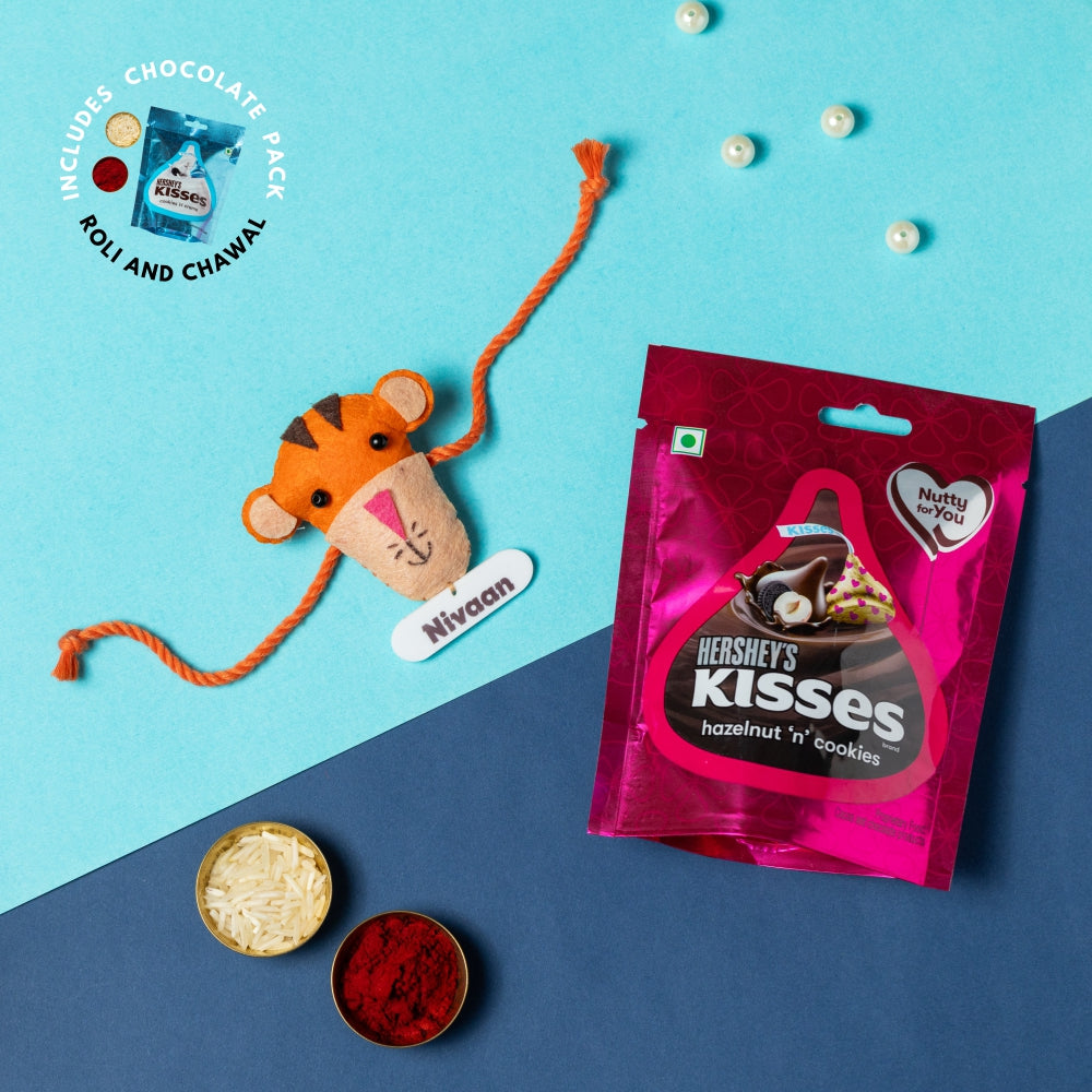 Tiger Hanging with Personalised Rakhi, Chocolates, Roli and Chawal | Rakhi Hamper