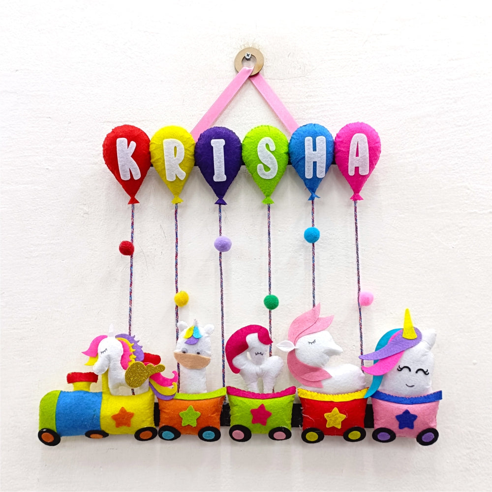 Unicorn Train with Balloons | Personalised Felt Kids Hanging