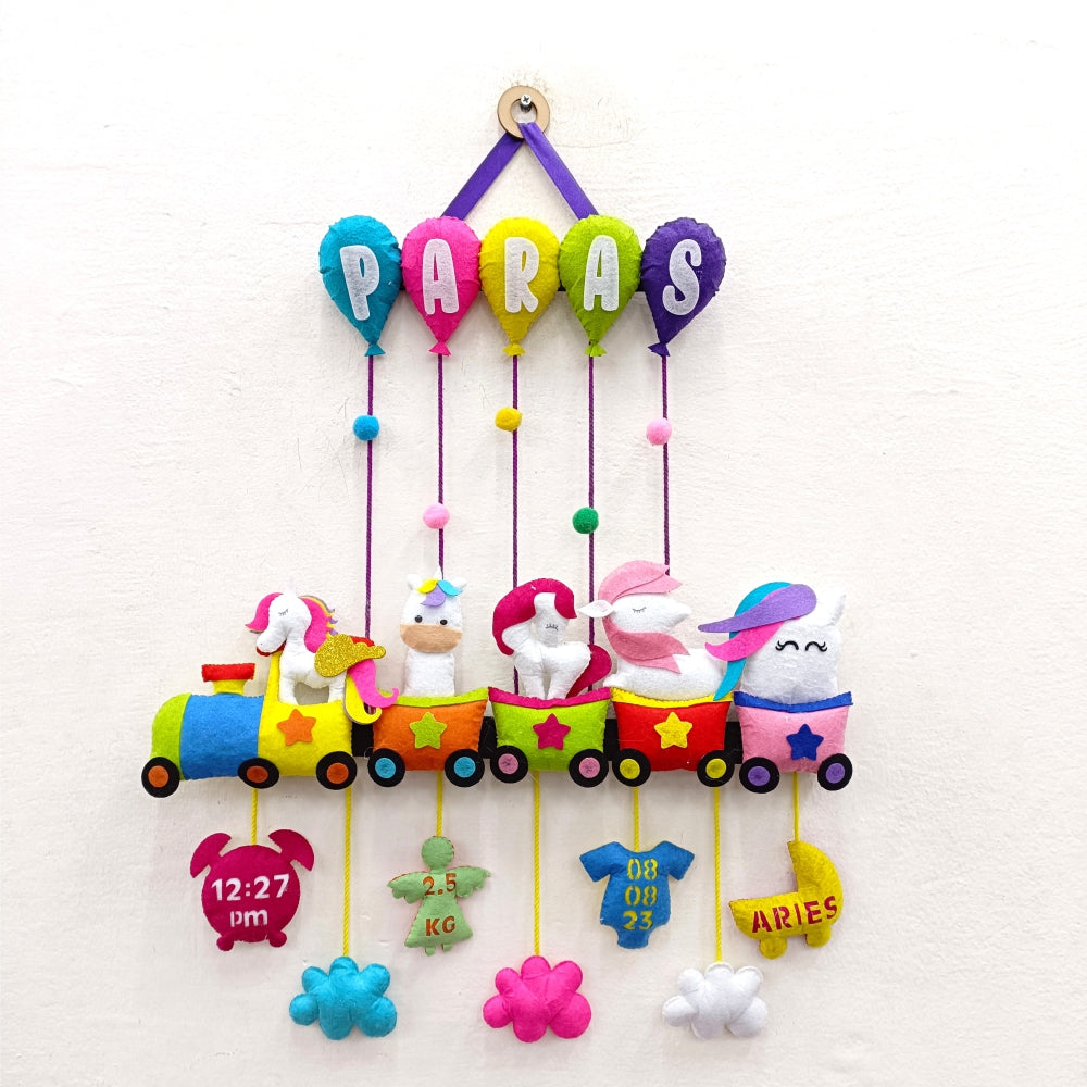 Unicorn Train with Balloons | Personalised Felt Kids Hanging