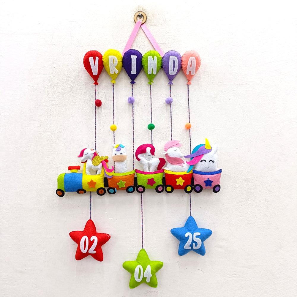 Unicorn Train with Balloons | Personalised Felt Kids Hanging
