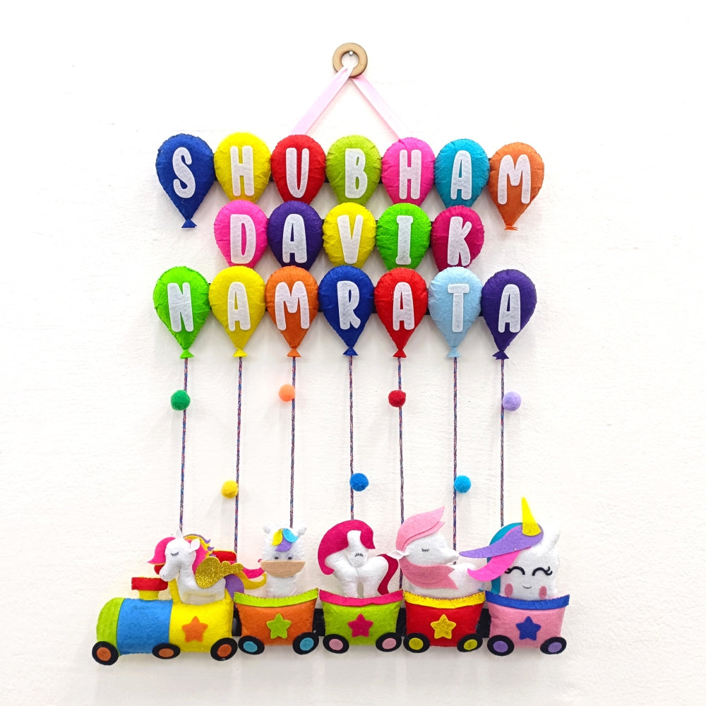 Unicorn Train with Balloons | Personalised Felt Kids Hanging