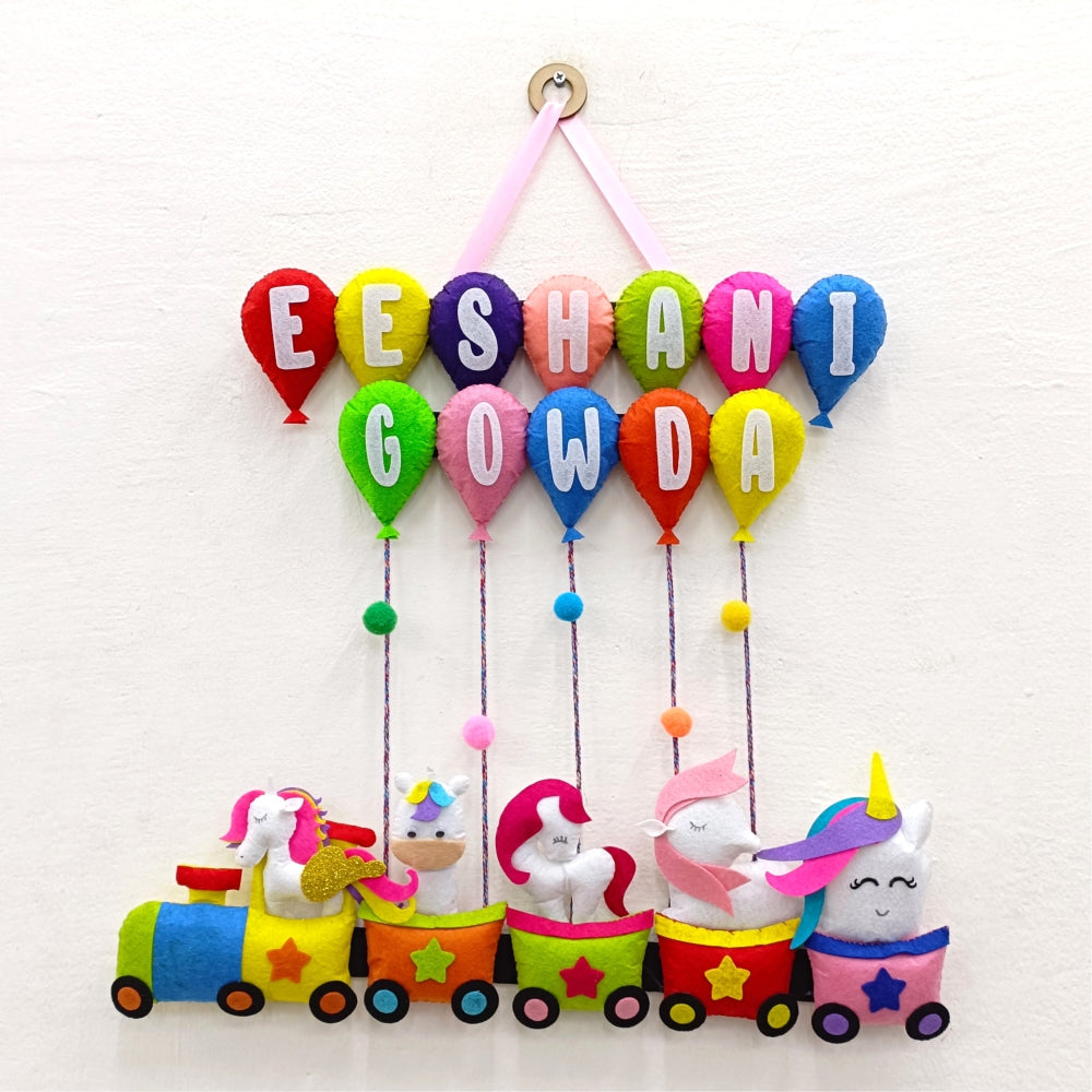Unicorn Train with Balloons | Personalised Felt Kids Hanging