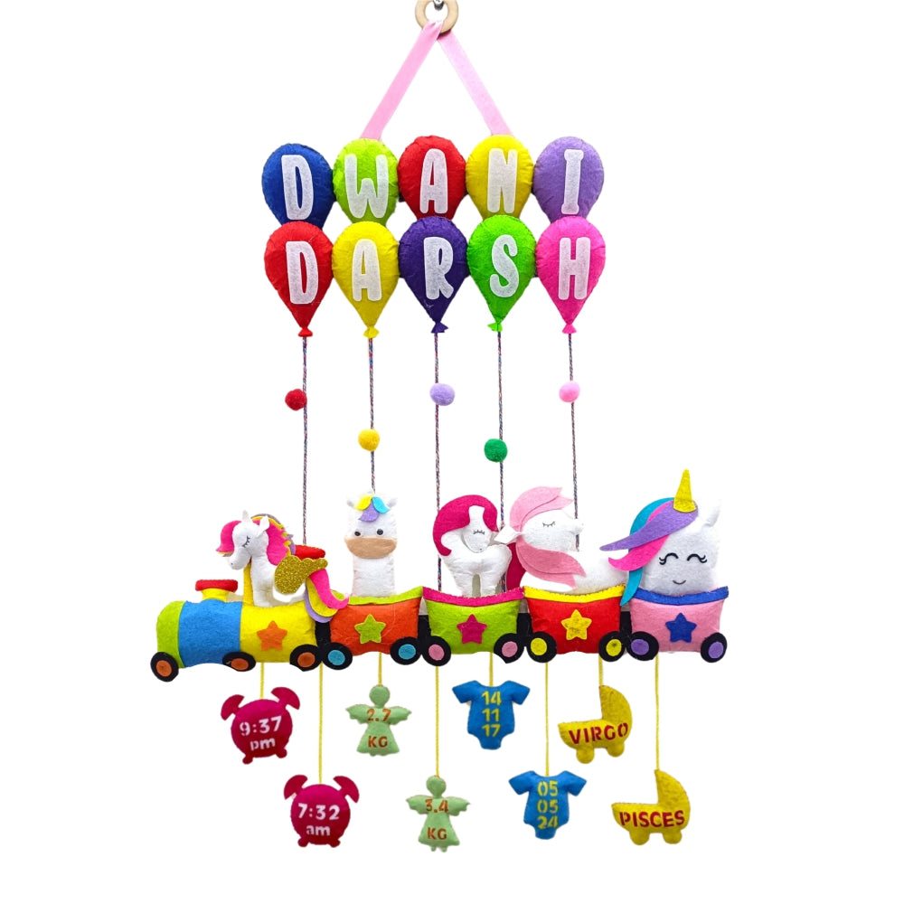 Unicorn Train with Balloons | Personalised Felt Kids Hanging