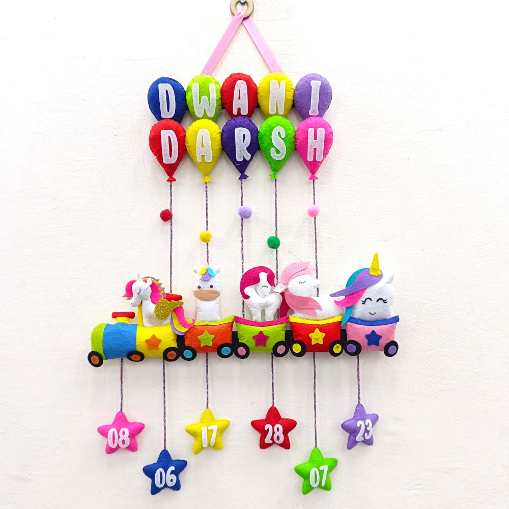 Unicorn Train with Balloons | Personalised Felt Kids Hanging