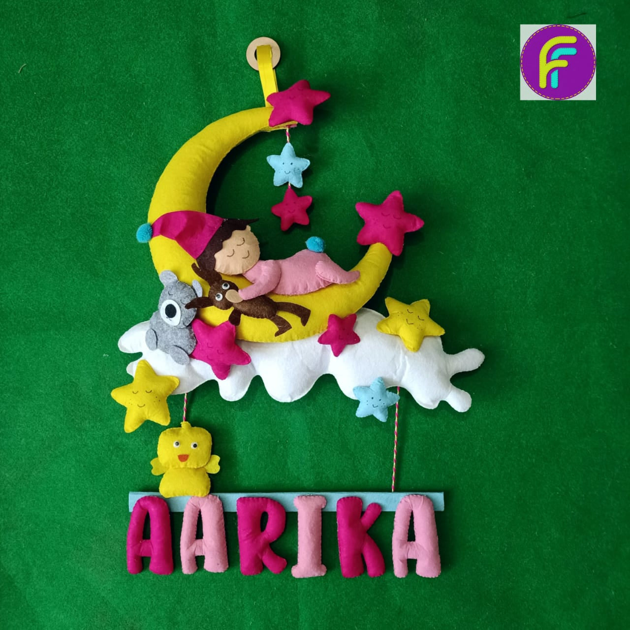 Sleeping Baby On Moon - One Name | Personalised Felt Kids Hanging